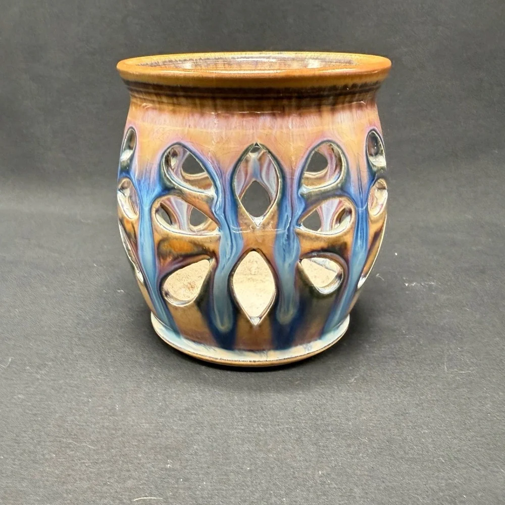 Studio Pottery Signed Drip Glaze Cutout Stoneware Candle Holder Lantern